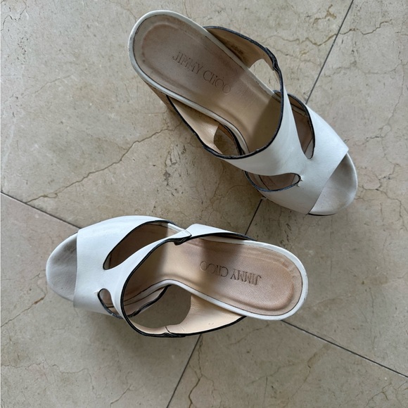 Jimmy Choo T-Strap Slide Cork Wedge Heel Sandal in White Leather sz 40 - Picture 4 of 5